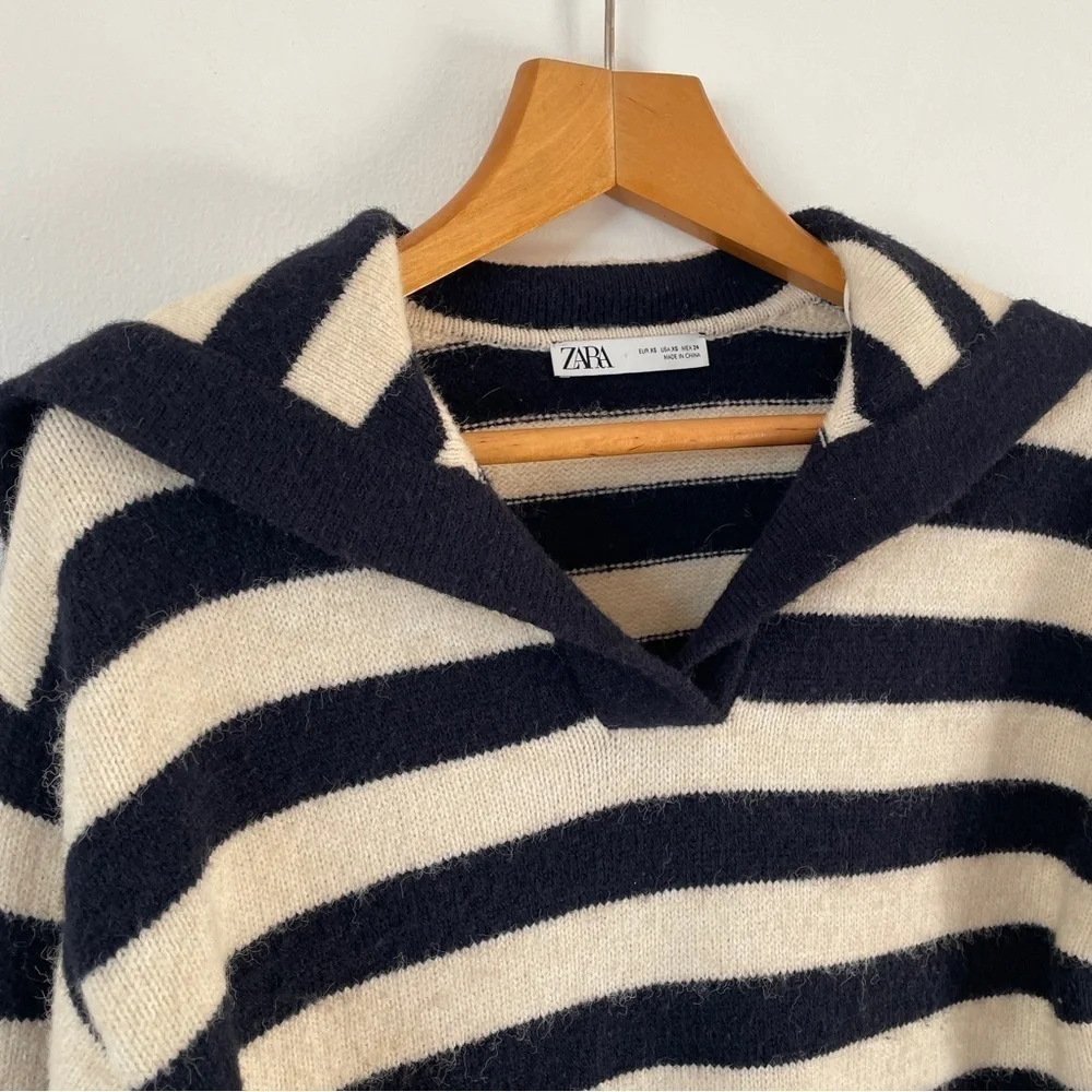 Zara Striped Sailor Collar Nautical sweater Cream Navy Oversized Cropped XS - Picture 4 of 6